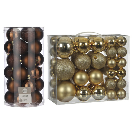 76x pcs plastic christmas baubles gold and brown 4, 6 and 8 cm