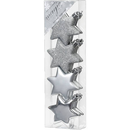 8x stuks kunststof kersthangers sterren zilver 6 cm kerstornamenten