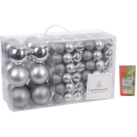 94-pcs christmas tree decoration plastic baubles silver with 150x hooks