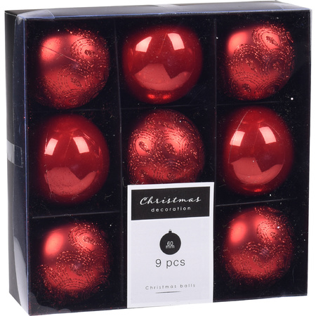 9x Kerstboomversiering luxe kunststof kerstballen rood 6 cm