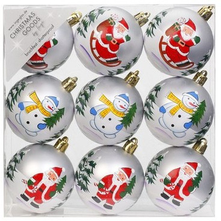 9x White Christmas baubles 6 cm plastic with print