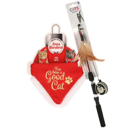 Bandana halsband rood - met speelgoed hengel - voor katten/poezen - kerstcadeau