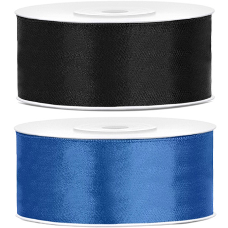 Bellatio decorations 2x rolls satin ribbon 2.5 cm x 25 meter blue and black