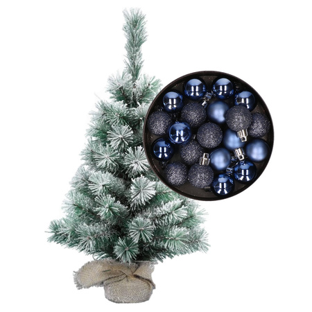 Besneeuwde mini kerstboom/kunst kerstboom 35 cm met kerstballen donkerblauw