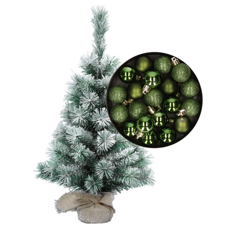 Besneeuwde mini kerstboom/kunst kerstboom 35 cm met kerstballen groen