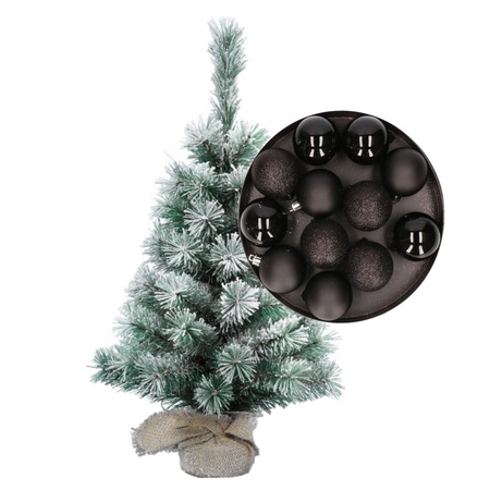 Besneeuwde mini kerstboom/kunst kerstboom 35 cm met kerstballen zwart