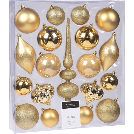 Compleet kerstballenpakket gouden kunststof kerstballen met piek 19-delig