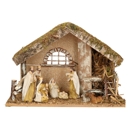 Complete kerststal met 8x st kerststal beelden - 42 x 19 x 30 cm - hout/polyresin