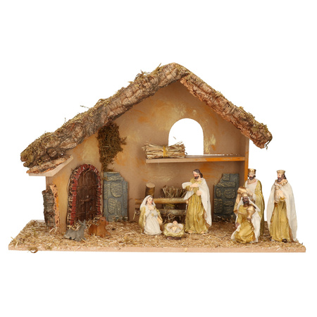 Complete kerststal met 8x st kerststal beelden - 50 x 23 x 31 cm - hout/polyresin