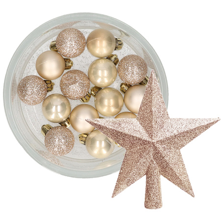 Decoris 14x stuks kerstballen 3 cm met ster piek champagne kunststof