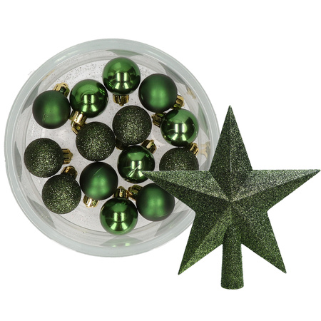 Decoris 14x pcs christmas baubles 3 cm incl. star topper dark green plastic