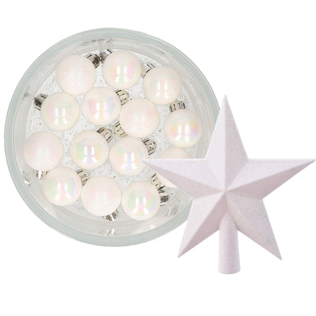 Decoris 14x pcs christmas baubles 3 cm incl. star topper white pearl plastic