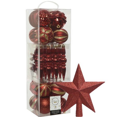 Decoris 30x pcs plastic christmas baubles, ornaments and topper red