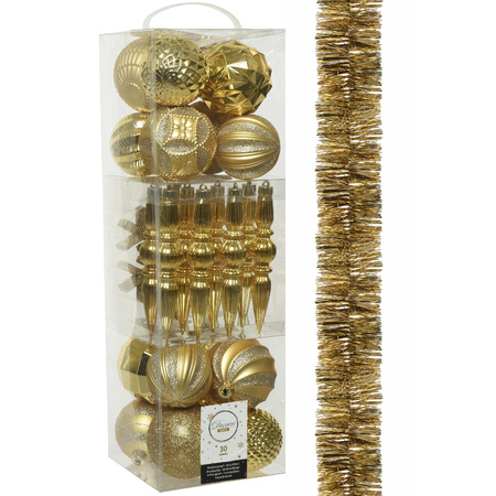 Decoris 30x pcs plastic christmas baubles and ornaments with garland gold