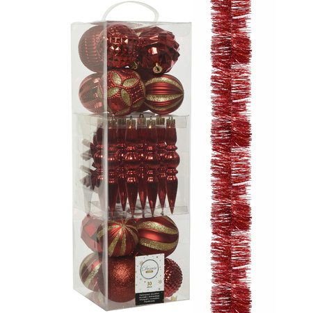 Decoris 30x stuks kunststof kerstballen en ornamenten met slinger rood