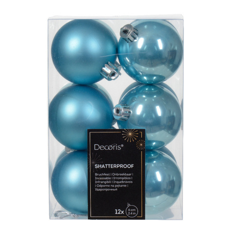 Christmas baubles - 24x pcs - mix pearlescent white/ice blue - 6 cm - plastic