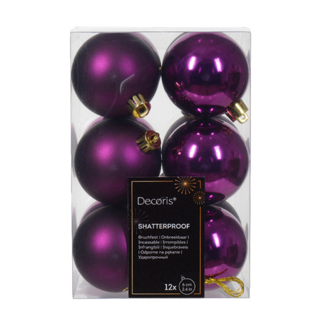 Decoris - kerstballen 24x stuks - mix winter wit en paars - 6 cm - kunststof