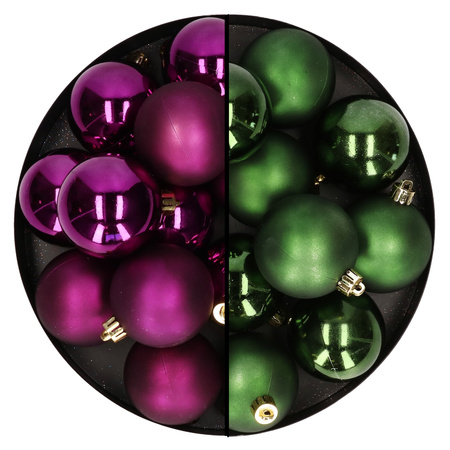 Decoris - kerstballen 24x stuks - mix donkergroen en paars - 6 cm - kunststof