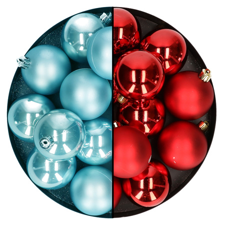 Decoris - kerstballen - 24x stuks - mix kerst rood en ijsblauw - 6 cm - kunststof