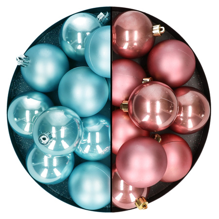 Christmas baubles - 24x pcs - mix vintage pink/ice blue - 6 cm - plastic