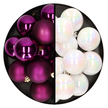 Christmas baubles - 24x pcs - mix pearlescent white/purple - 6 cm - plastic