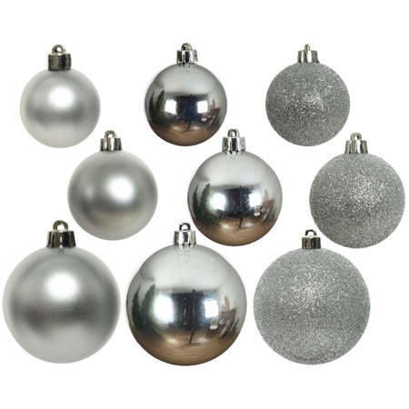 Kerstversiering kunststof kerstballen 6-8-10 cm met glitter slingers pakket zilver van 28x stuks