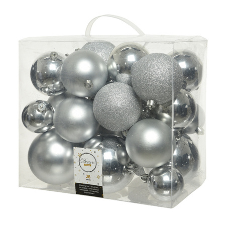 26x Plastic christmas baubles silver 6-8-10 cm 