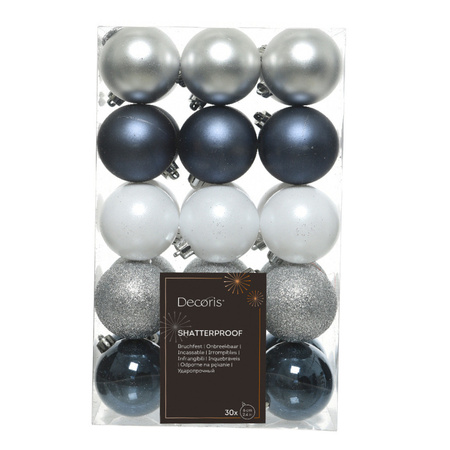 Decoris kerstballen - 30x - kunststof - donkerblauw/wit/zilver - 6 cm