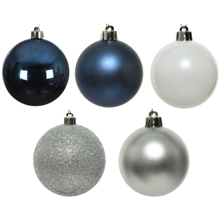 Christmas baubles 30x pcs - dark blue/white/silver- and star topper- plastic