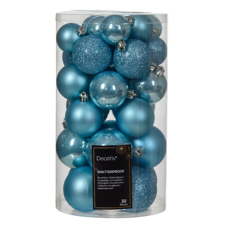 Kerstversiering set - 30x st kunststof kerstballen en glazen piek - ijsblauw