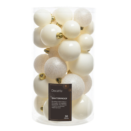 Kerstballen 60x stuks - mix parelmoer wit/wol wit - 4-5-6 cm - kunststof