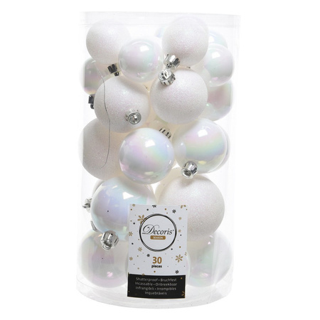 Christmas baubles - 60x - pearlescent white/ice blue- 4/5/6 cm - plastic