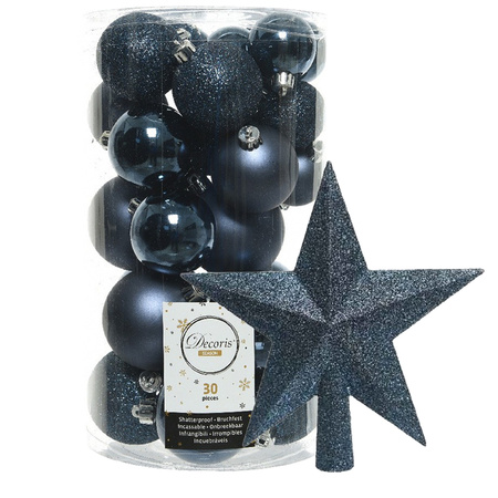 Decoris Christmas baubles 30x darkblue 4/5/6 cm plastic matte/shiny/glitter mix with topper