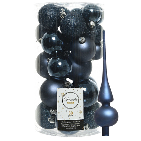 Decoris kerstballen 30x stuks - donkerblauw 4/5/6 cm kunststof mat/glans/glitter mix en piek
