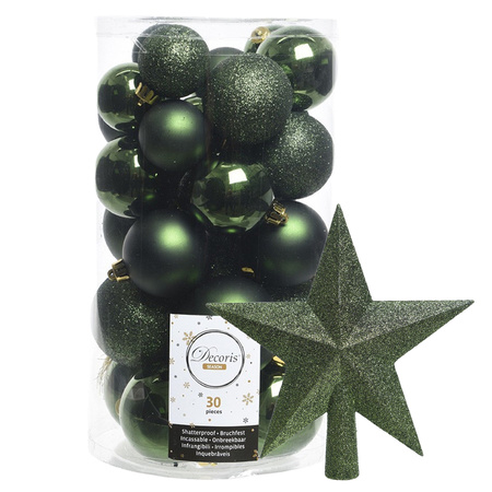 Decoris kerstballen 30x stuks - donkergroen 4/5/6 cm kunststof mat/glans/glitter mix en piek