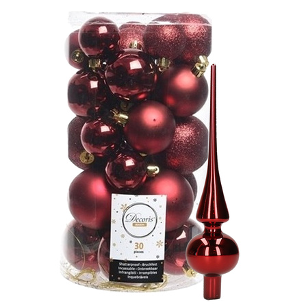 Decoris Christmas baubles 30x darkred 4/5/6 cm plastic matte/shiny/glitter mix with topper