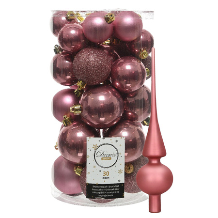 Decoris kerstballen 30x stuks - oud roze 4/5/6 cm kunststof mat/glans/glitter mix en piek
