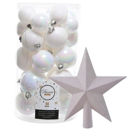 Decoris Christmas baubles 30x pearl white 4/5/6 cm plastic matte/shiny/glitter mix with topper