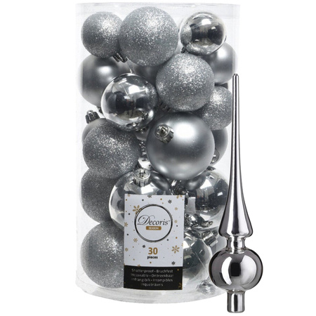 Decoris kerstballen 30x stuks - zilver 4/5/6 cm kunststof mat/glans/glitter mix en piek