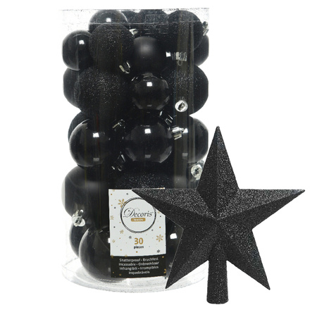 Decoris kerstballen 30x stuks - zwart 4/5/6 cm kunststof mat/glans/glitter mix en piek