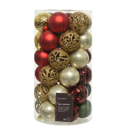 Decoris kerstballen - 37x - kunststof - rood/goud/parel/groen - 6 cm