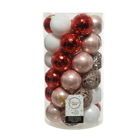Kerstversiering mix pakket kunststof kerstballen 6 cm lichtroze/rood/wit 37x stuks met haakjes