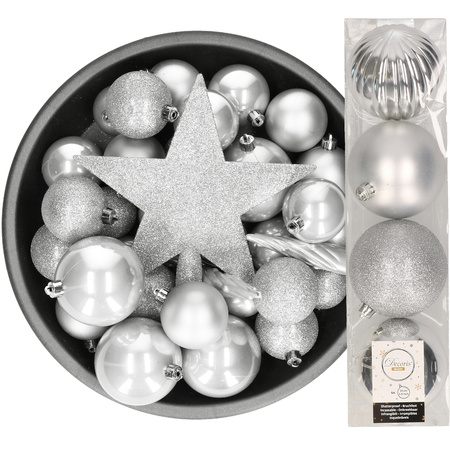 Decoris kerstballen 37x stuks zilver 5-6-8-10 cm met ster piek kunststof