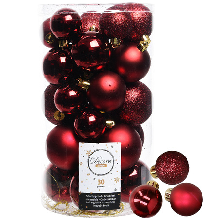 Decoris kerstballen 44x stuks donkerrood 3-4-5-6 cm kunststof