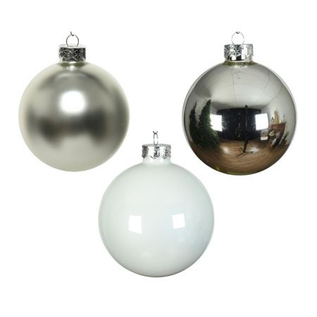 Decoris kerstballen - 49x st - wit en zilver - 6 cm - glas - glans/mat - kerstversiering