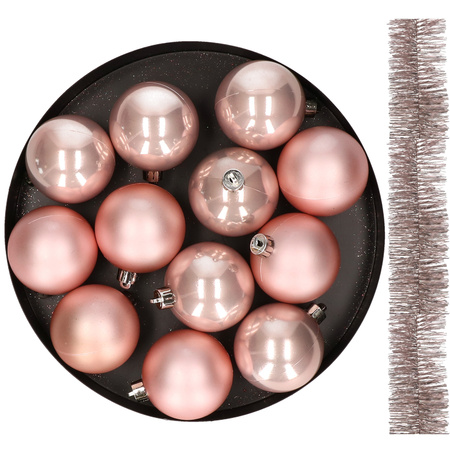 Decoris kerstballen 6 cm en slinger 13x stuks - lichtroze - kunststof