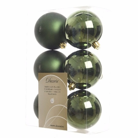 12x Christmas baubles mix dark green and champagne 8 cm plastic matte/shiny