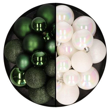 Christmas baubles - 60x - dark green/white pearl- 4/5/6 cm - plastic