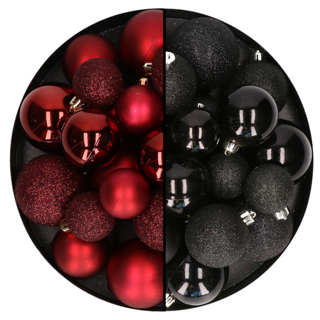 Decoris kerstballen 60x stuks - mix donkerrood/zwart - 4-5-6 cm - kunststof