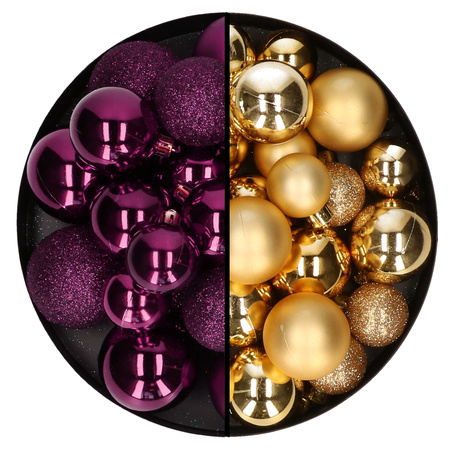 Christmas baubles - 60x - gold/purple- 4/5/6 cm - plastic